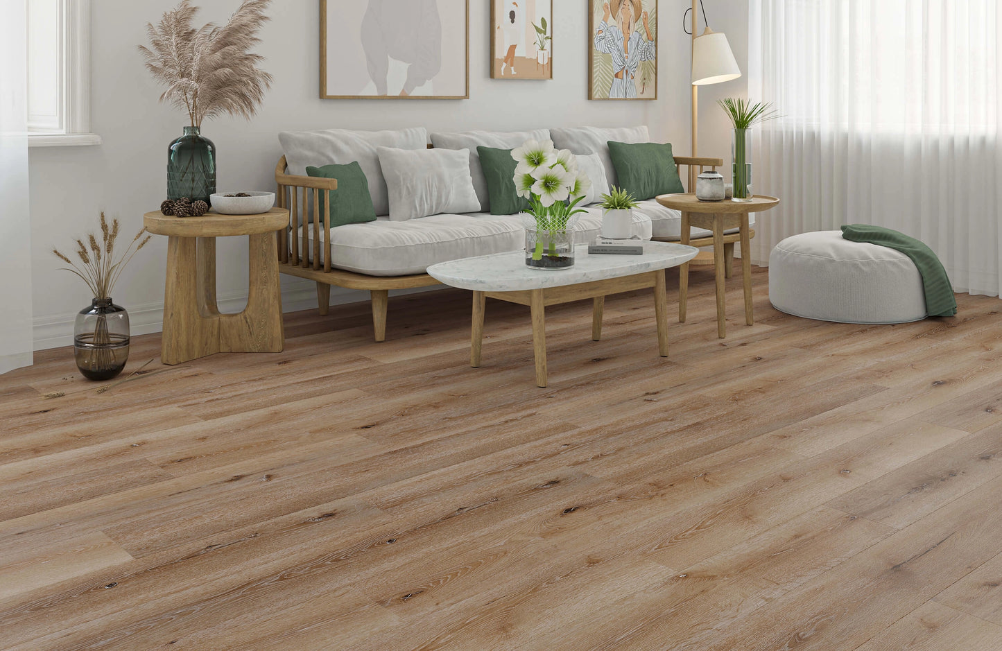 Living room with wooden flooring, furniture, and decor