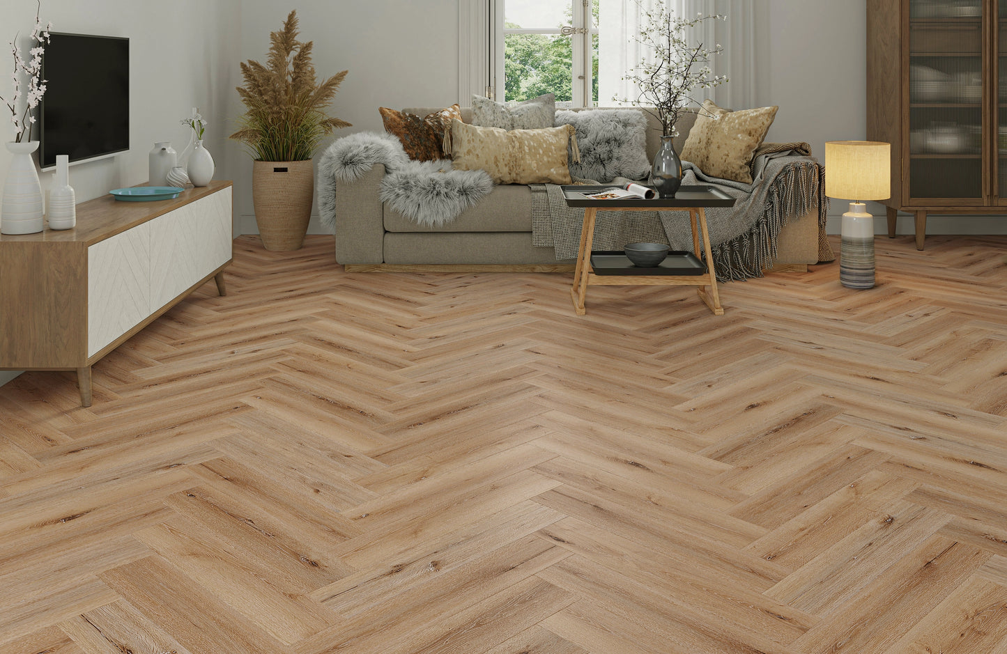 Waterproof Amber Oak Herringbone LVT Rigid Core SPC Click Luxury Vinyl Tile Flooring