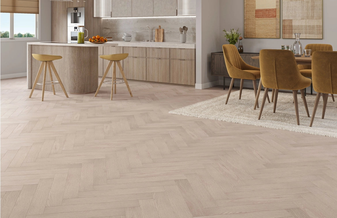 Greige Whitford Oak Kingsley 8mm Herringbone Laminate Flooring