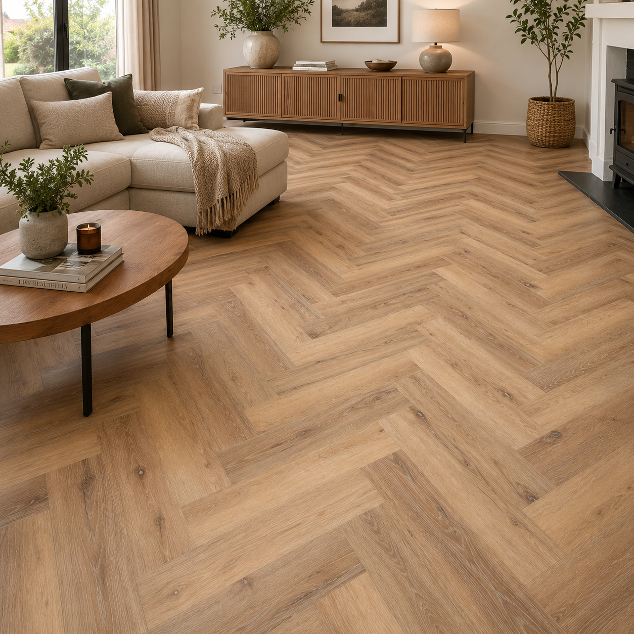 Amber Oak Waterproof Herringbone LVT Rigid Core SPC Click Luxury Vinyl Tile Flooring