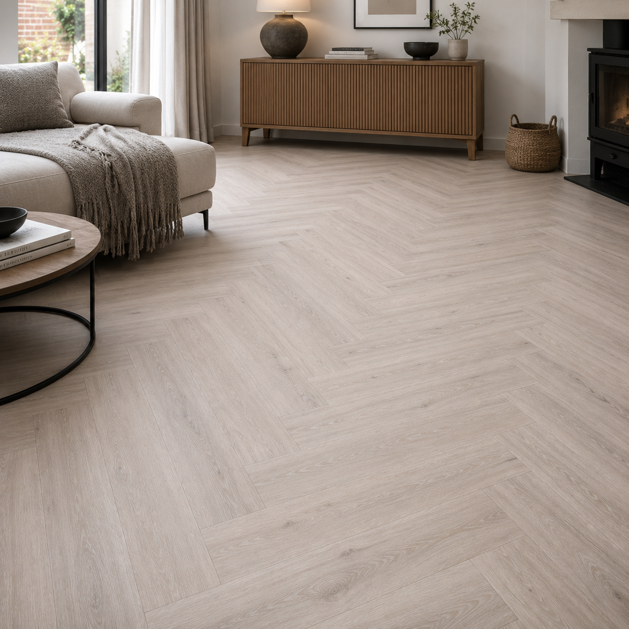 Greige Fairford Oak Herringbone LVT Rigid Core SPC Click Luxury Vinyl Tile Flooring
