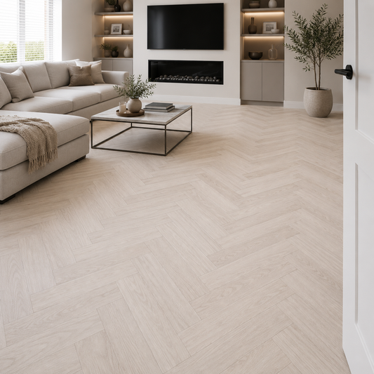 Greige 12mm Ashford Oak Herringbone Laminate Flooring