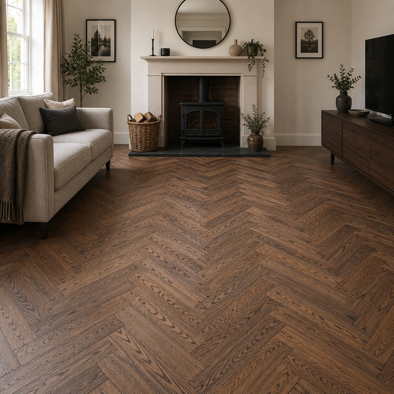 Dark Oak Verona Chesterfield Herringbone Oak Brushed & Oiled Engineered Wood Flooring