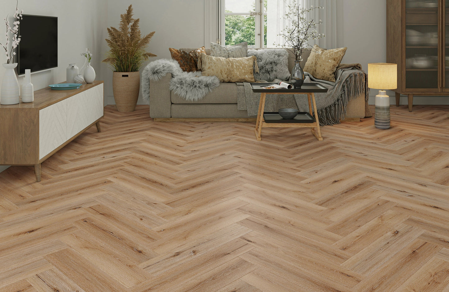 Waterproof Amber Oak Herringbone LVT Rigid Core SPC Click Luxury Vinyl Tile Flooring