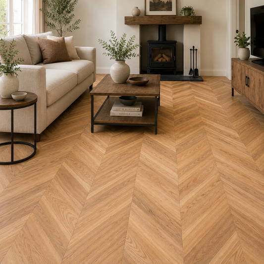Dunmore Oak 14mm Chevron Smooth & Lacquered Engineered Wood Flooring