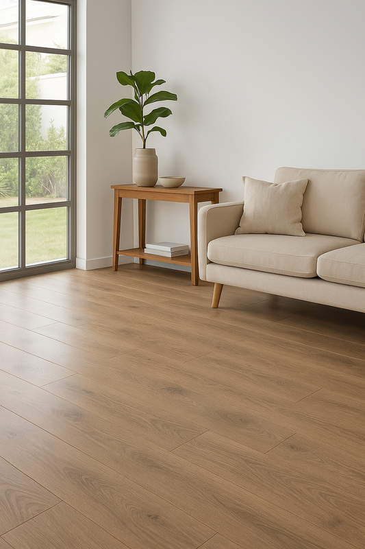 Beige sofa in a living room with wooden flooring and a plant on a side table.