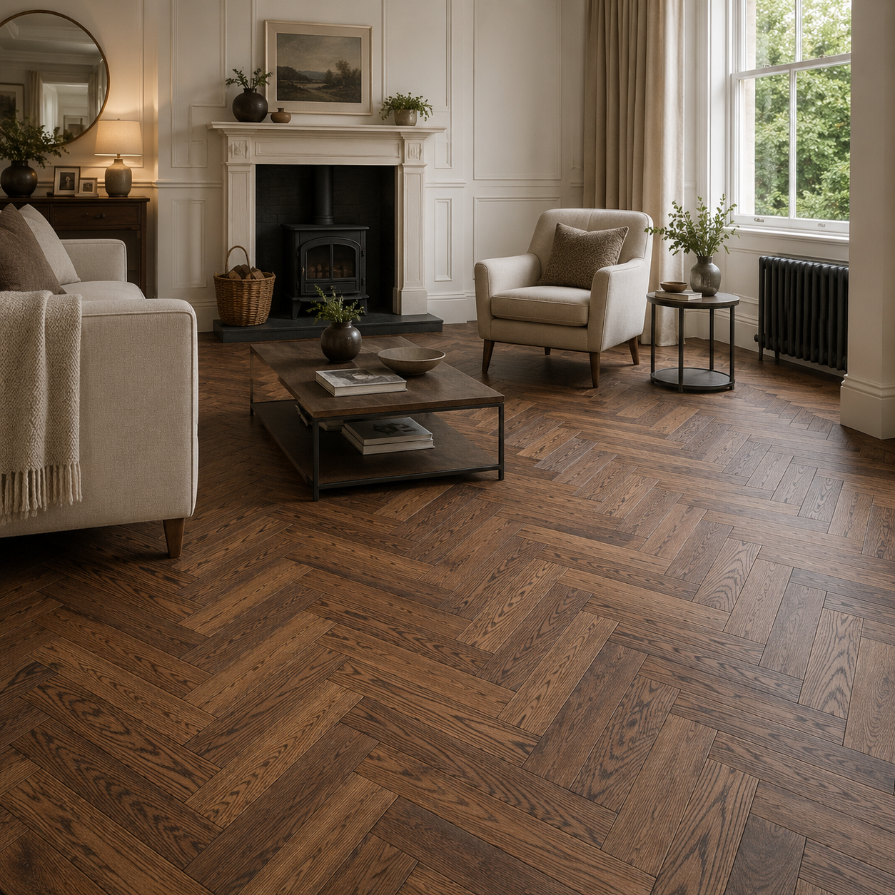 Dark Oak Verona Chesterfield Herringbone Oak Brushed & Oiled Engineered Wood Flooring