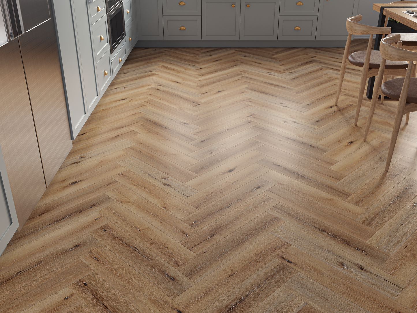 Wooden floor with herringbone pattern in a kitchen setting