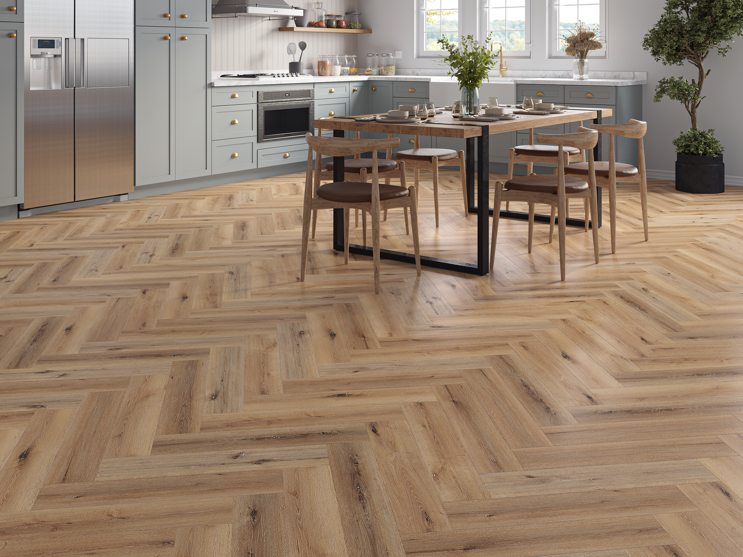 Wooden floor with a kitchen in the background